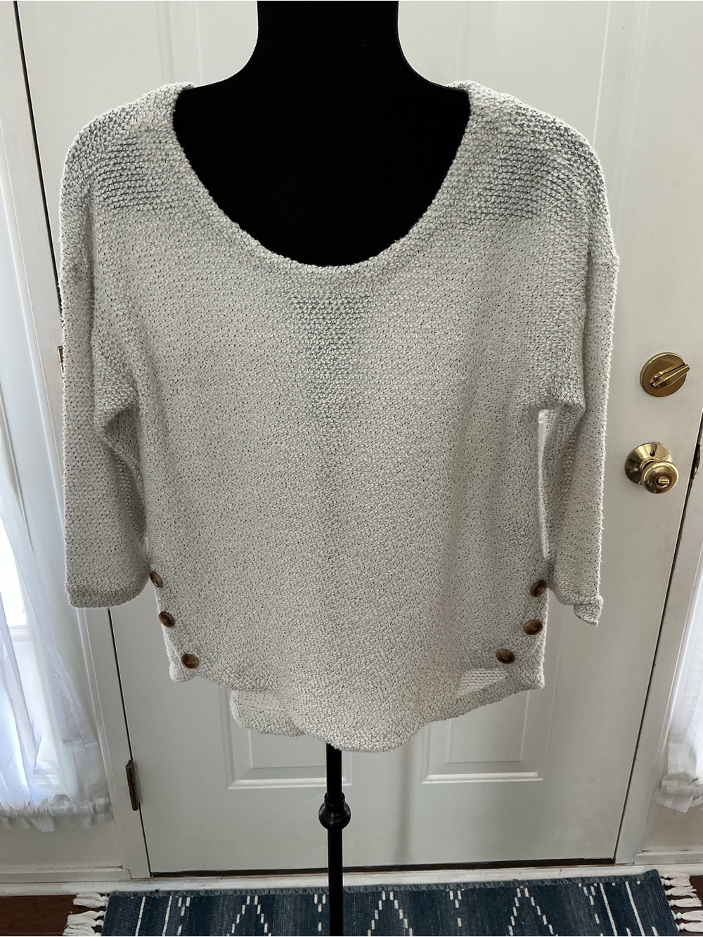 Robert Louis Cream Scoop Neck Knit Sweater with Side Buttons